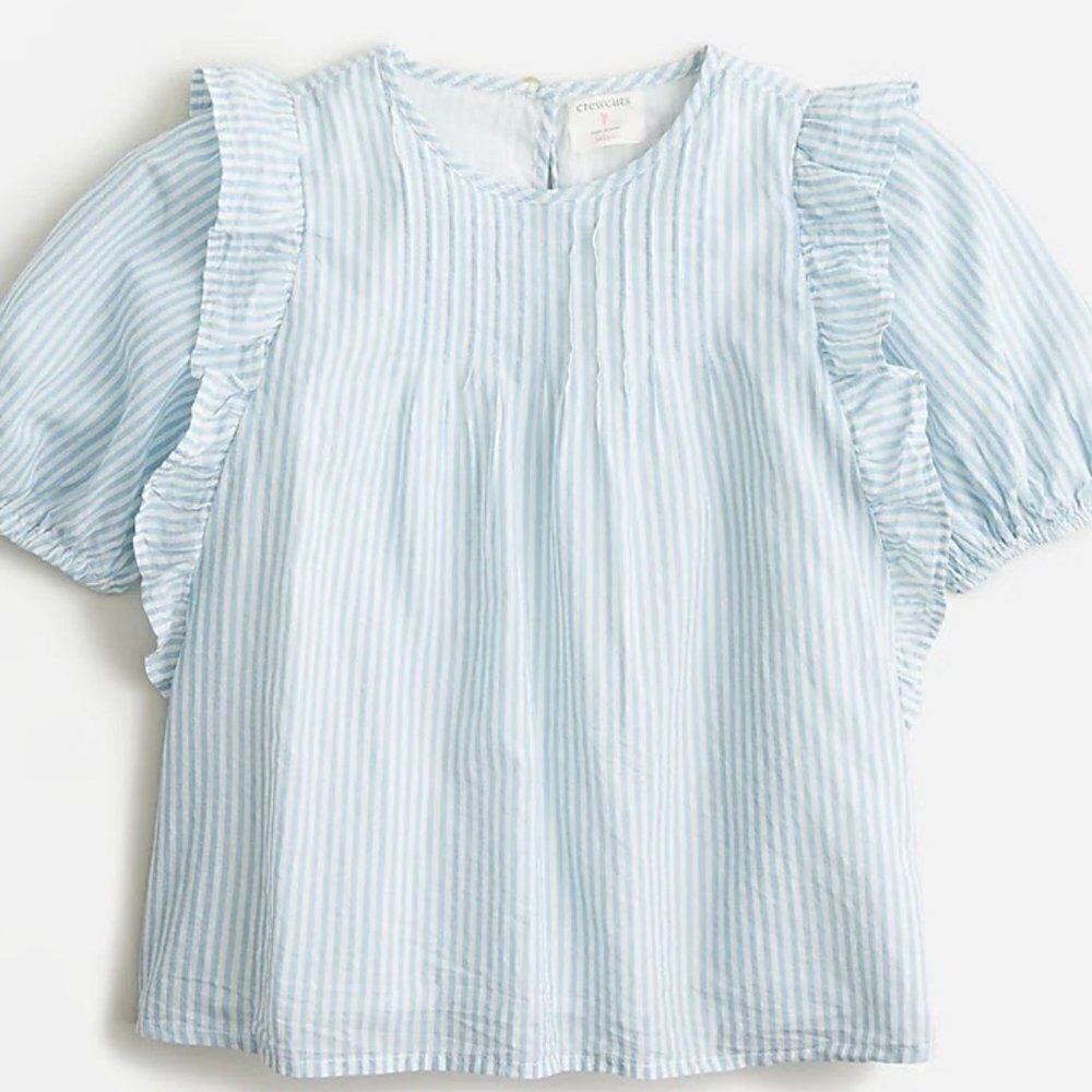 Crewcuts Girls' puff-sleeve ruffle top in Ivory Blue Mist XXS (2-3) NWT